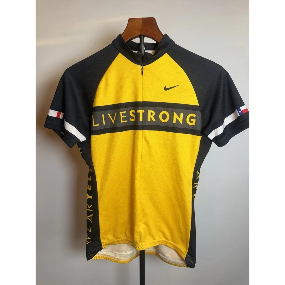 NIKE LIVESTRONG Cycling Jersey 3/4 Zip Pullover Top Mens Black Yellow Size M